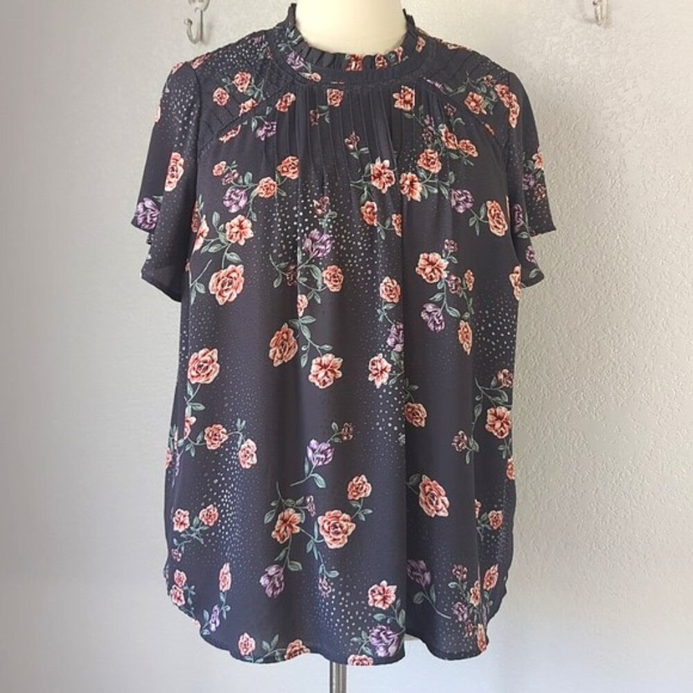 Torrid Size 2x Blouse Mock Neck Flutter Sleeves Dark Gray Pink Floral Georgette